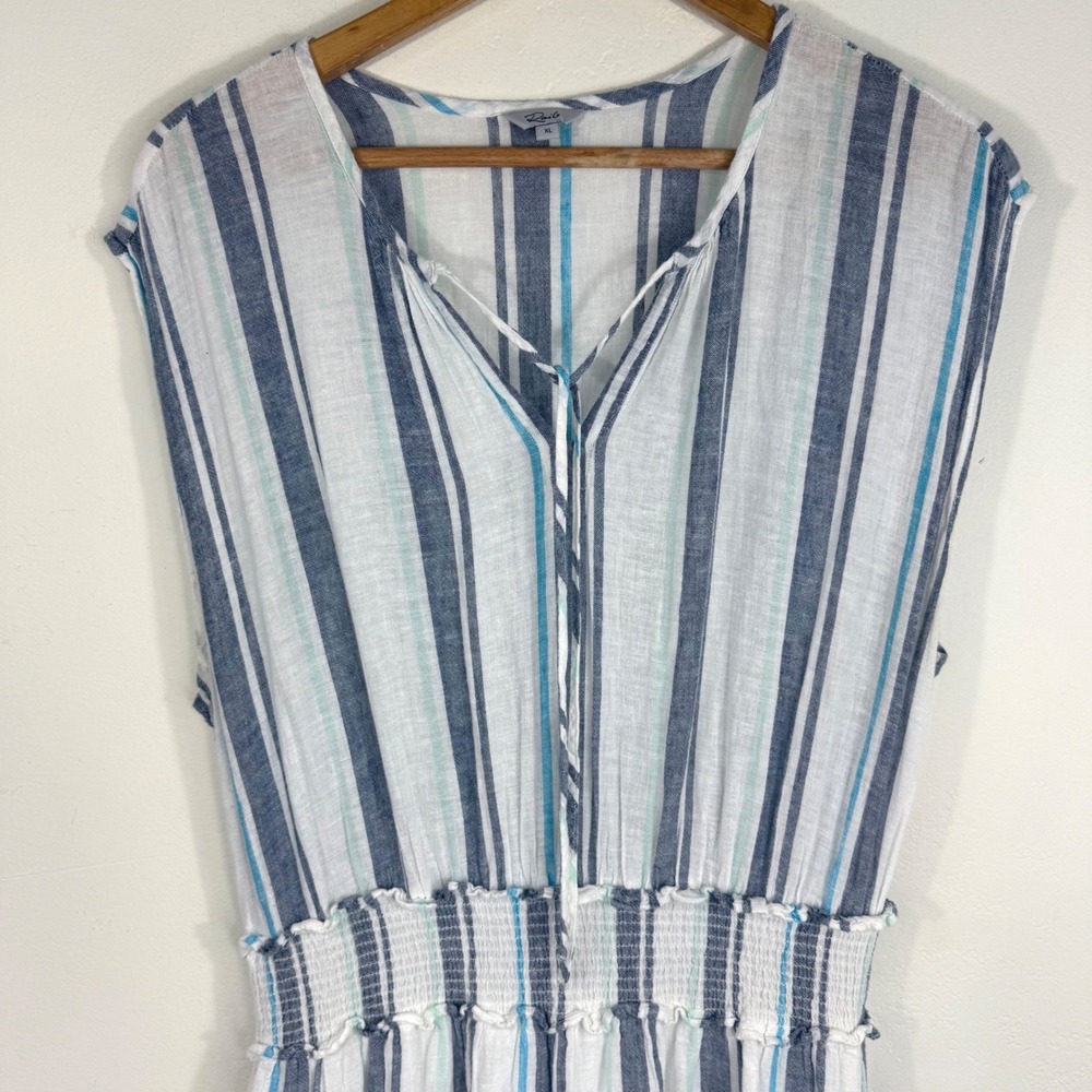 Rails Ashlyn Linen Blend Midi Dress XL Blue Stripe Smocked Coastal Beach Boho - Picture 3 of 13
